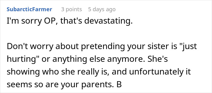 Comment discussing a woman accused of sleeping with her sister&rsquo;s fianc&eacute; and the family&rsquo;s refusal to change their mind.