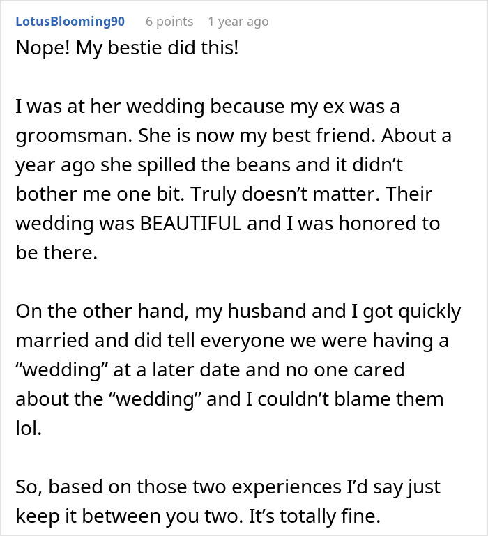 A Reddit post by LotusBlooming90 advises a couple marrying before the ceremony not to panic about upsetting guests.