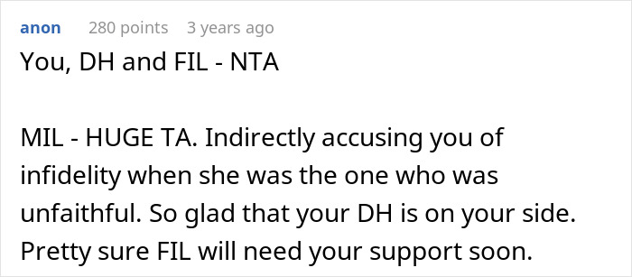 A Reddit comment criticizing a MIL for infidelity and dark secret, supporting the daughter accused of infidelity.