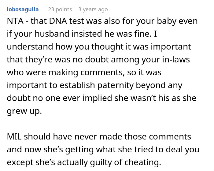 A Reddit comment about a Woman Accused of Infidelity, detailing how a DNA Test was pivotal in unraveling MILs Dark Secret.