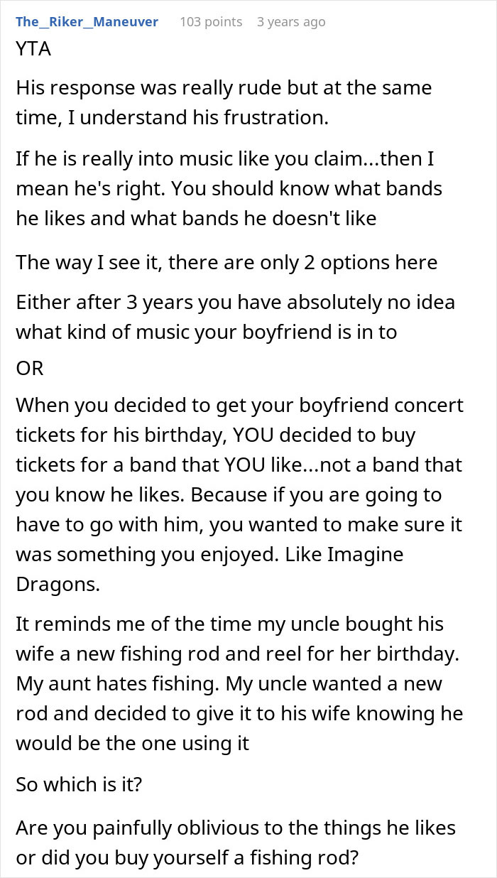 Screenshot of a Reddit comment discussing a woman buying concert tickets for her boyfriend who loves bands, analyzing his reaction.