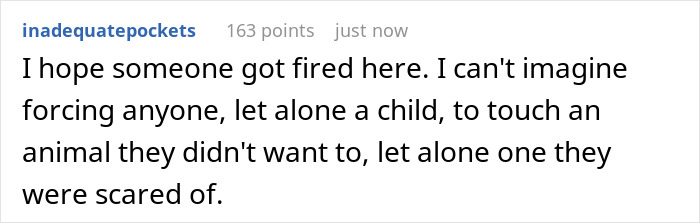 Comment expressing concern about school suspending daughter due to fear of snakes and forcing a child to touch an animal. Comment expressing concern about school suspending daughter due to fear of snakes and forcing a child to touch an animal.