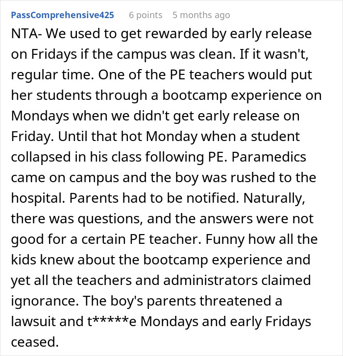 Comment discussing a teacher grabbing kids and facing criticism from a concerned mom after a student collapsed in PE class.