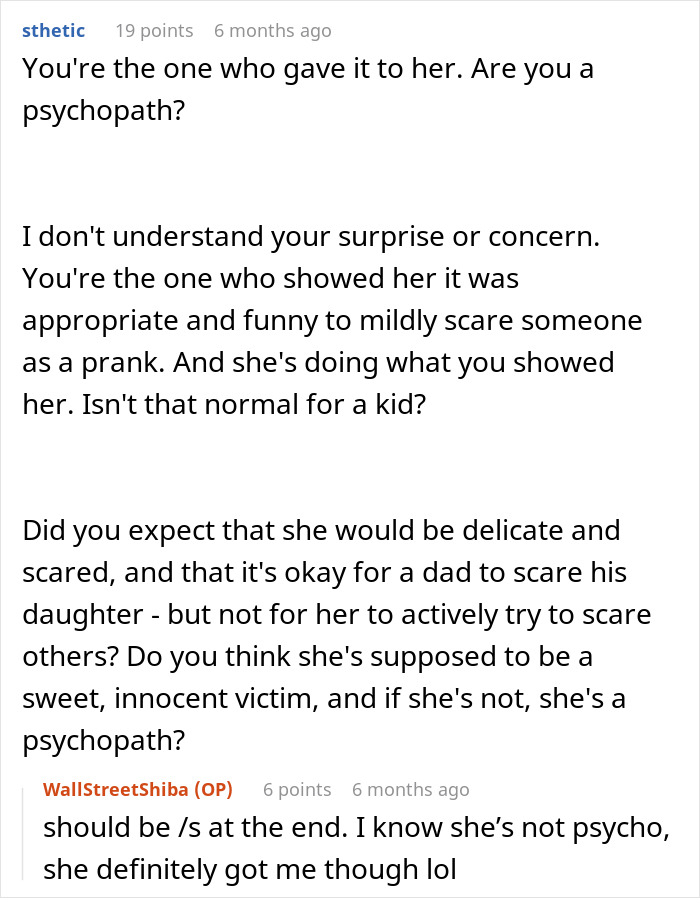 Reddit comments discussing whether a 5-year-old daughter might be a psychopath after a playful jump scare prank.