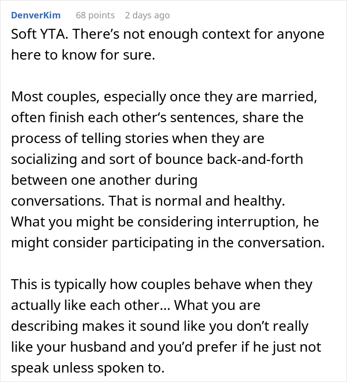 Man Upset Spouse Stopped Telling His Parents About Their Vacation Because He Interrupted Them Man Upset Spouse Stopped Telling His Parents About Their Vacation Because He Interrupted Them