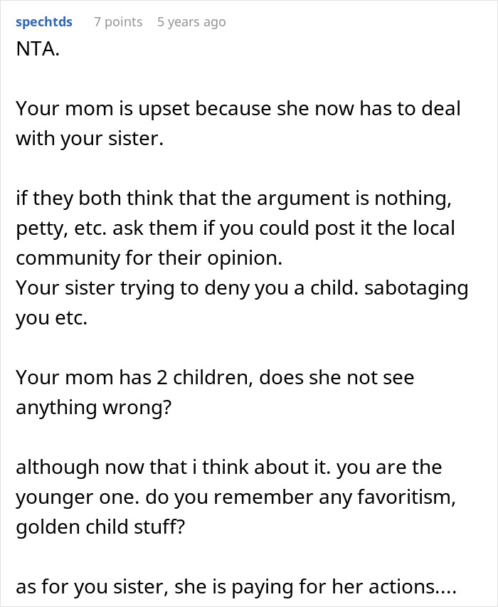 Reddit comment discussing conflict where woman makes sister adopt her kid and controls having more children.