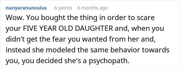 Comment text discussing a dad&rsquo;s reaction to his five-year-old daughter&rsquo;s behavior described as psychopathic.