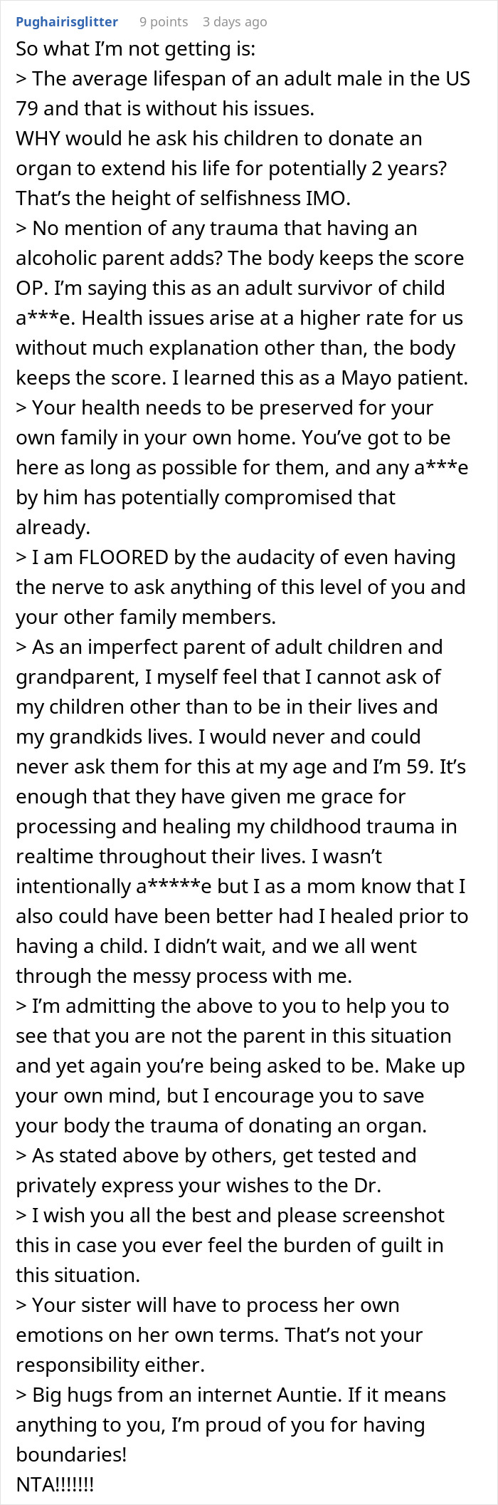 Comment discussing the refusal of a man to donate a kidney to his 77-year-old dad to keep Frankenstein&rsquo;s monster alive.