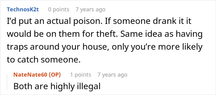 A comment thread about a food thief problem, with one user suggesting poison for iced sweet tea. The OP responds, Both are highly illegal.