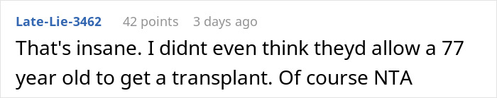 Screenshot of an online comment discussing refusal to donate a kidney to a 77-year-old dad for transplant reasons.