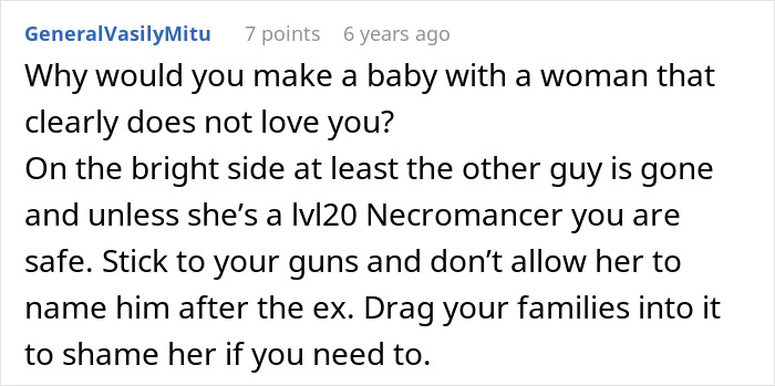 Comment discussing naming unborn son after late ex who mistreated woman, sparking drama and relationship conflict. Comment discussing naming unborn son after late ex who mistreated woman, sparking drama and relationship conflict.