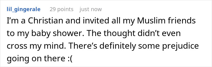 A Reddit post from user lil_gingerale discusses inviting Muslim friends to a baby shower, contrasting with a Christian bride excluding a Muslim best friend.