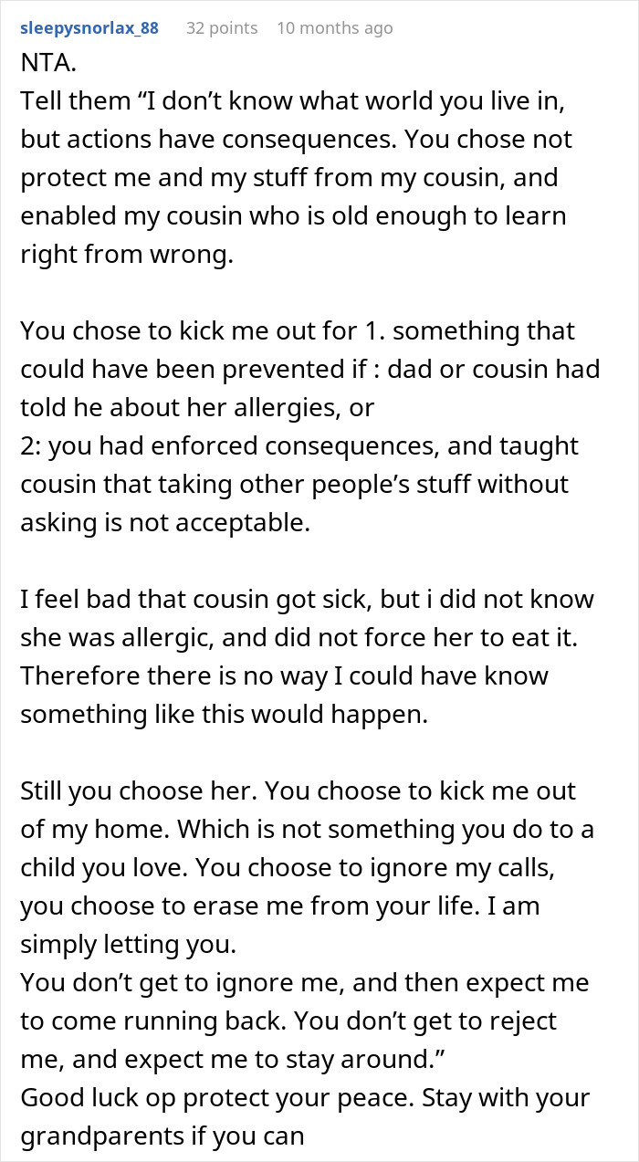 Reddit comment advising a teen to cut all contact with parents after a cousin's lies/theft led to being pushed out.