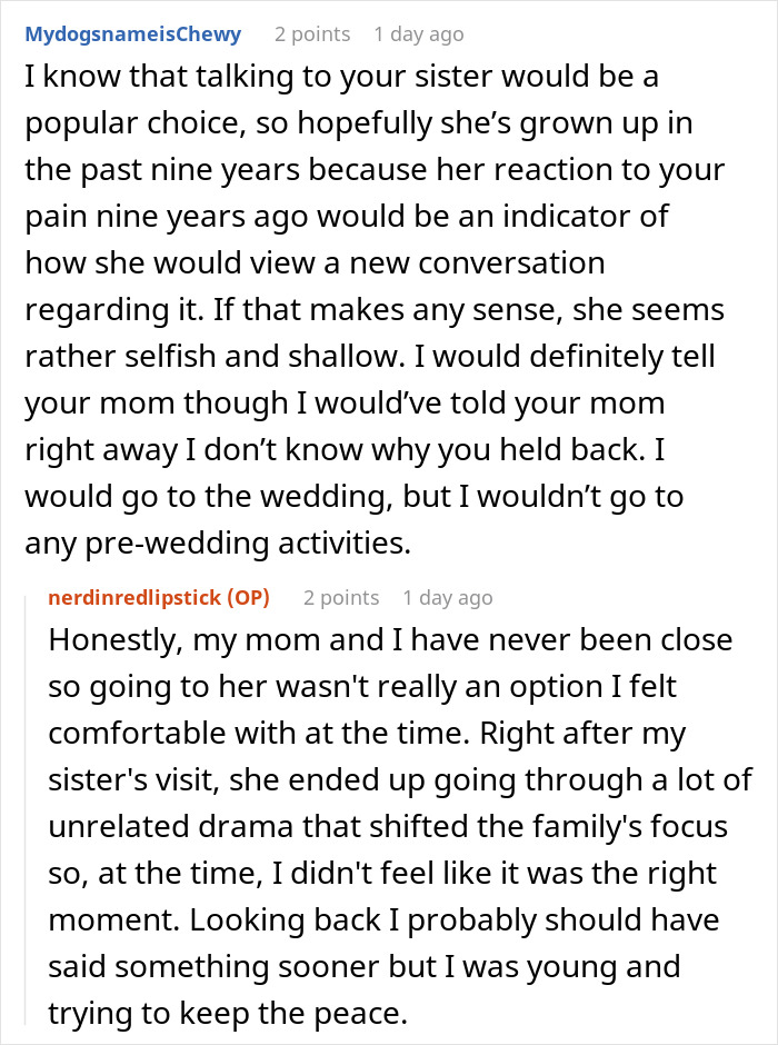 Reddit conversation discussing a lady hooking up with sister&rsquo;s boyfriend and family drama around the wedding attendance.
