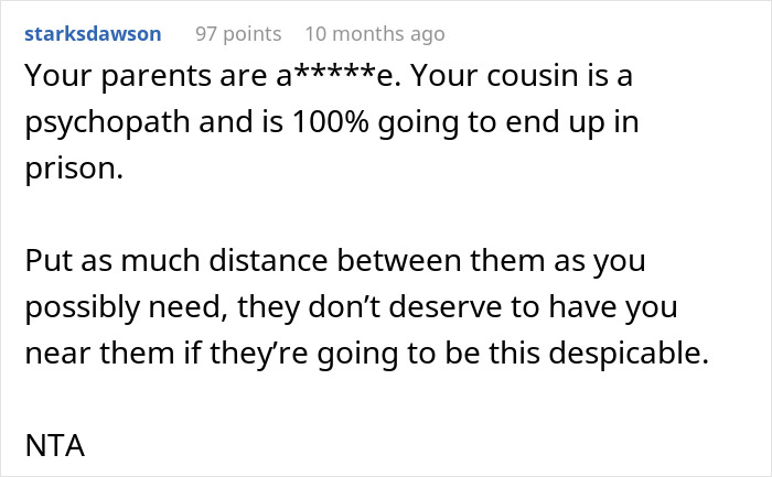 Reddit comment advises cutting all contact from a lying, thieving cousin and a*****e parents. NTA verdict.