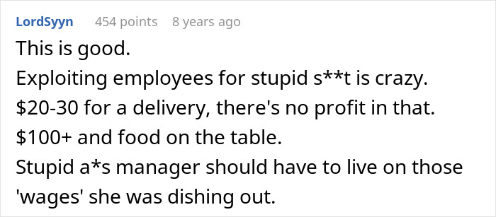 Comment on overworked and underpaid employees discussing low wages and unfair exploitation in delivery jobs.