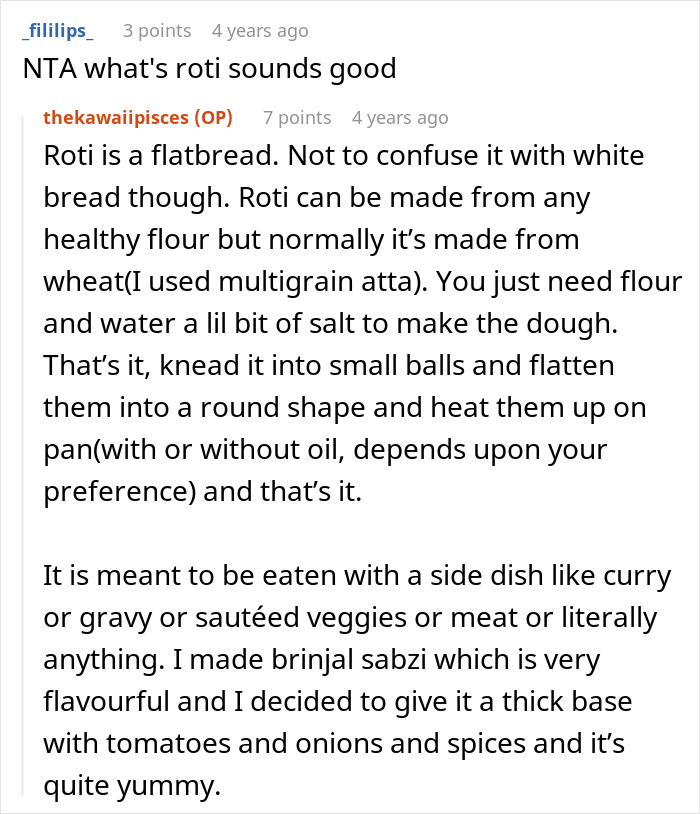 Reddit post detailing roti, a flatbread, and brinjal sabzi. Related to a parent trying to Transition Her Son Into Vegan.