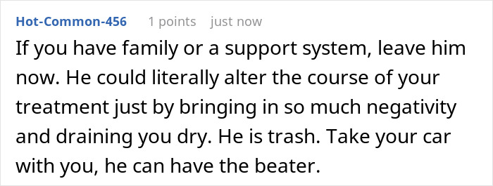 A Reddit comment advises a wife to leave her unsupportive hubby after a cervical cancer diagnosis.