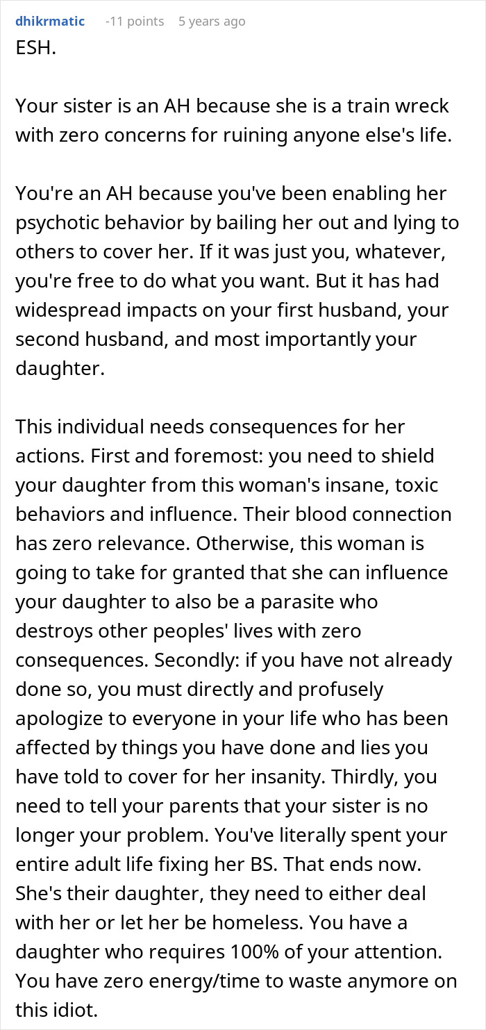 Text discussing a woman making her sister adopt her kid and the toxic family dynamics involved.