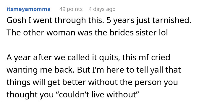 ALT text: Person sharing experience about discovering a boyfriend's small wedding lie that led to uncovering his secret life.