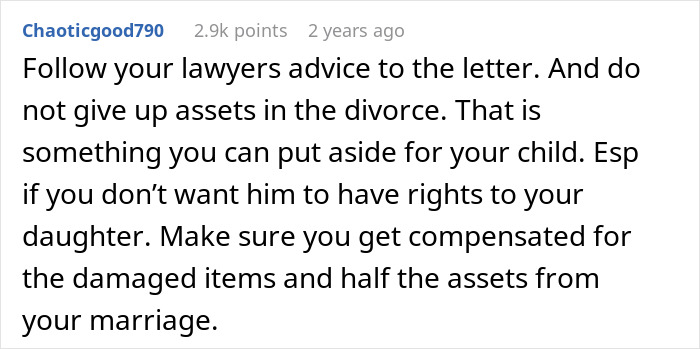 A Reddit comment advises following lawyer's advice, not giving up assets, and seeking compensation for a donor baby situation.