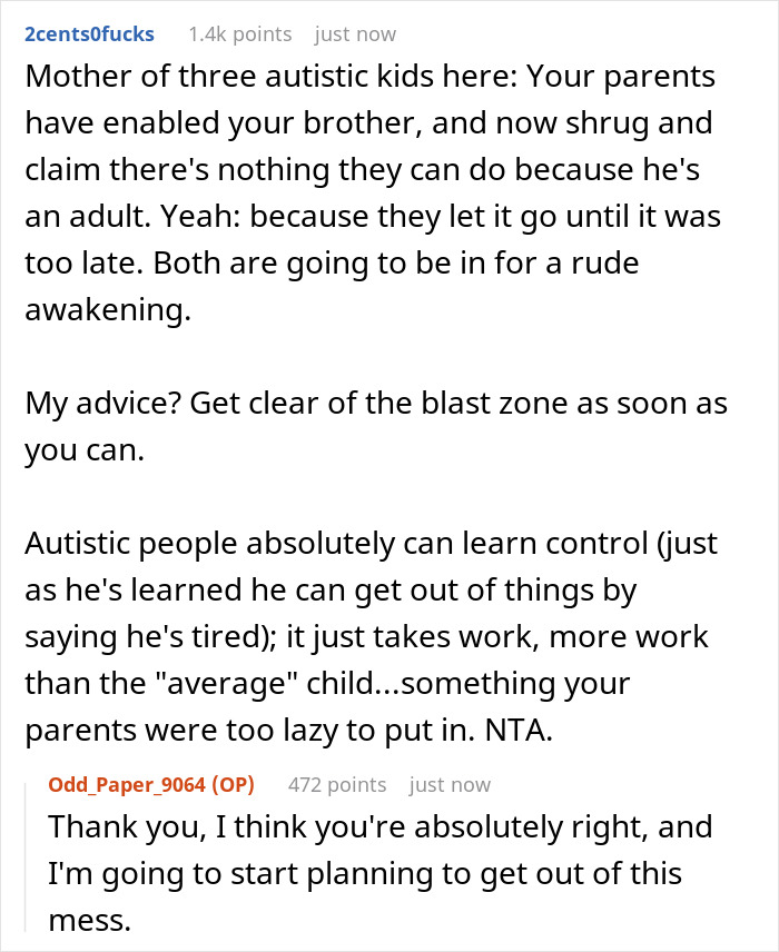 Reddit conversation discussing challenges of driving autistic brother and lack of gratitude after years of support. Reddit conversation discussing challenges of driving autistic brother and lack of gratitude after years of support.