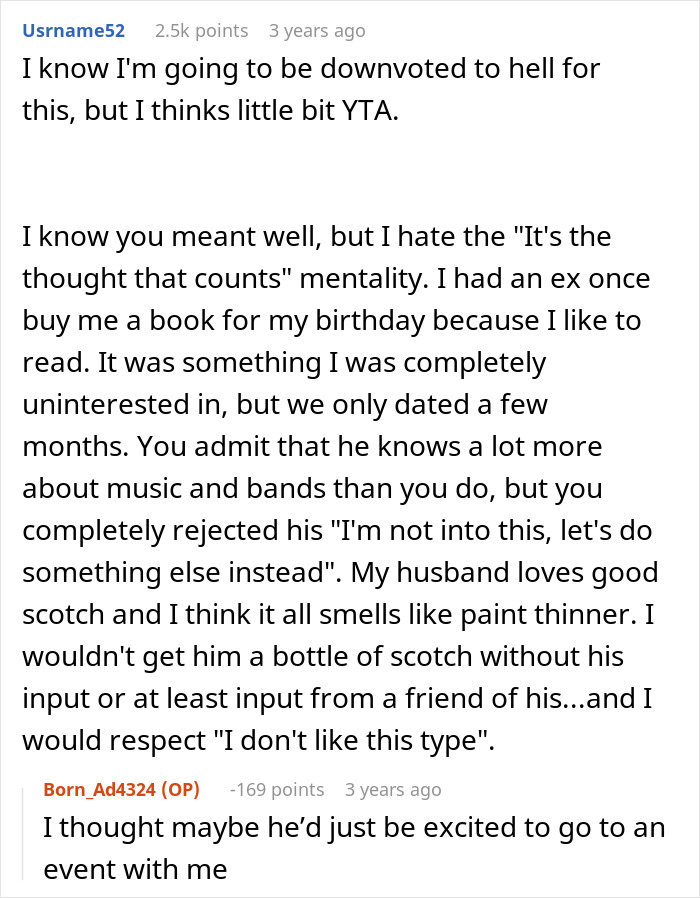 User comment on a woman buying concert tickets for her boyfriend who loves bands, sparking mixed reactions.