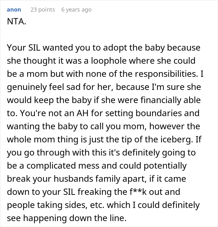 Text post discussing a woman setting boundaries about her baby and tensions with sister-in-law over motherhood roles. Text post discussing a woman setting boundaries about her baby and tensions with sister-in-law over motherhood roles.