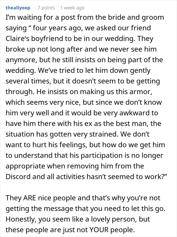 Alt text: Text post discussing ex-girlfriend cheating on guy and the drama over him attending friend's wedding. Alt text: Text post discussing ex-girlfriend cheating on guy and the drama over him attending friend's wedding.