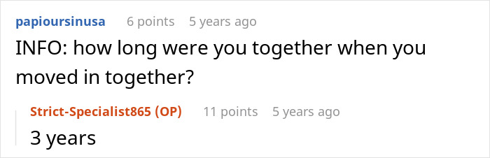 A Reddit comment asking "how long were you together when you moved in together?" and the reply "3 years." This relates to the story of a man who refused to split finances with his girlfriend.