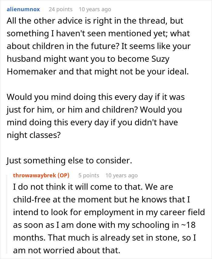 A screenshot of a Reddit thread where a user discusses future children and a wife cooking breakfast for his colleagues.