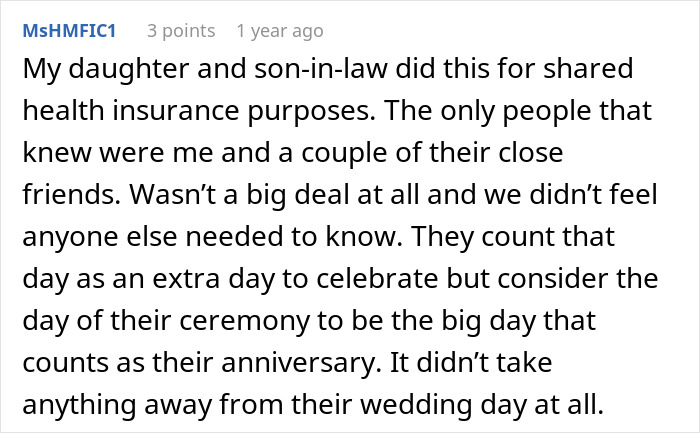Reddit comment about a couple legally marrying for insurance. The family kept it quiet, seeing the ceremony as the big wedding day.