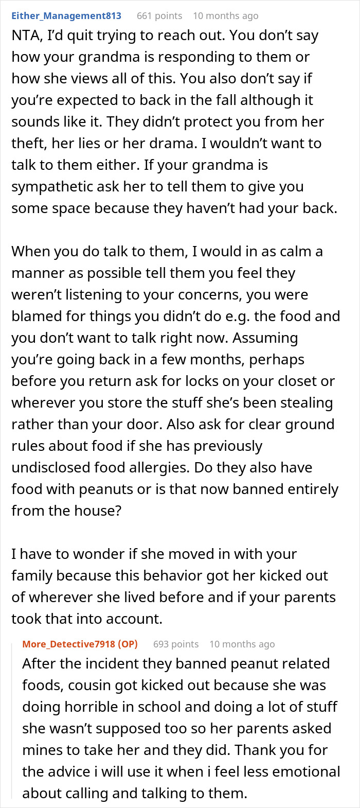 Reddit comments on a cousin's repeated lies and theft. Advice and an update about the cousin being kicked out for bad behavior.