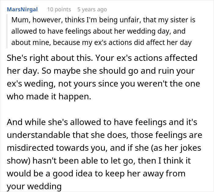 Text conversation discussing a woman worried her sister might sabotage her wedding due to a past incident.