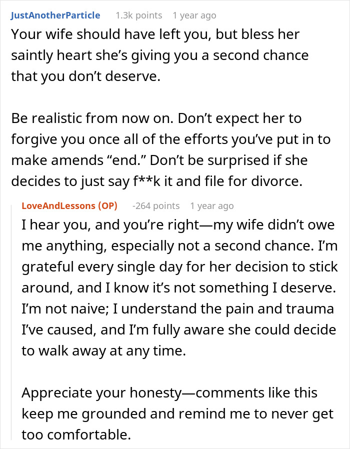 Alt text: Online discussion about cheater learning harsh lesson and facing consequences for destroying life chasing a fantasy.