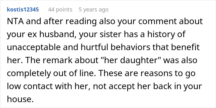 Comment discussing a woman making her sister adopt her kid and the sister&rsquo;s challenging behavior.