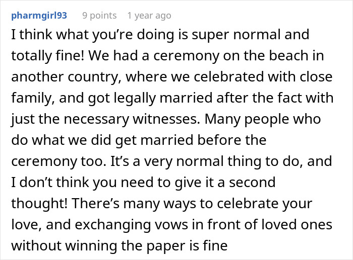 A Reddit comment from pharmgirl93 advises a bride on getting legally married before the wedding ceremony.