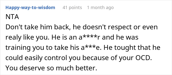 Screenshot of an online comment advising not to take back a disrespectful partner, reflecting relationship and empowerment themes.