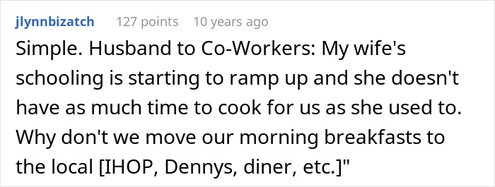 Text from a forum suggesting a husband cooking breakfast for colleagues could move to a diner due to his wife's schooling.