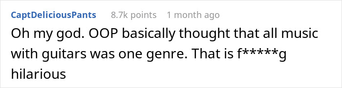 Reddit comment expressing amusement over someone thinking all guitar music is one genre in a funny online discussion.