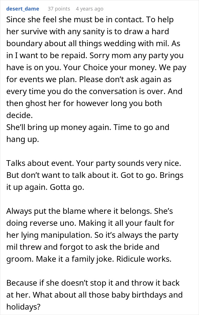 Comment discussing setting boundaries with a toxic MIL who refuses to leave and demands lifelong housing repayment.