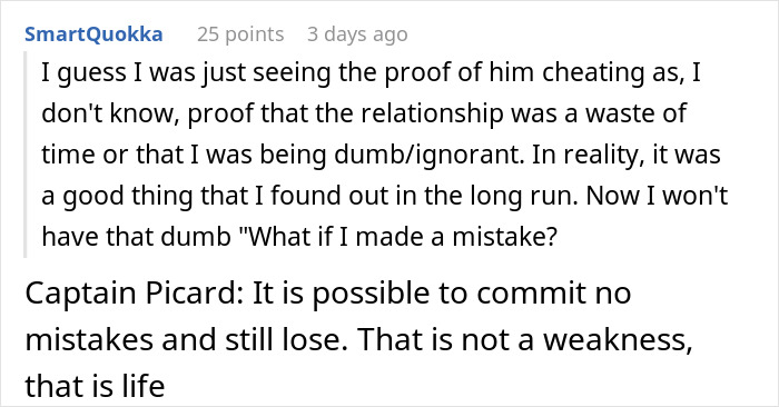 Screenshot of online comments discussing proof of cheating and relationship lies exposing a secret life in a small wedding context.