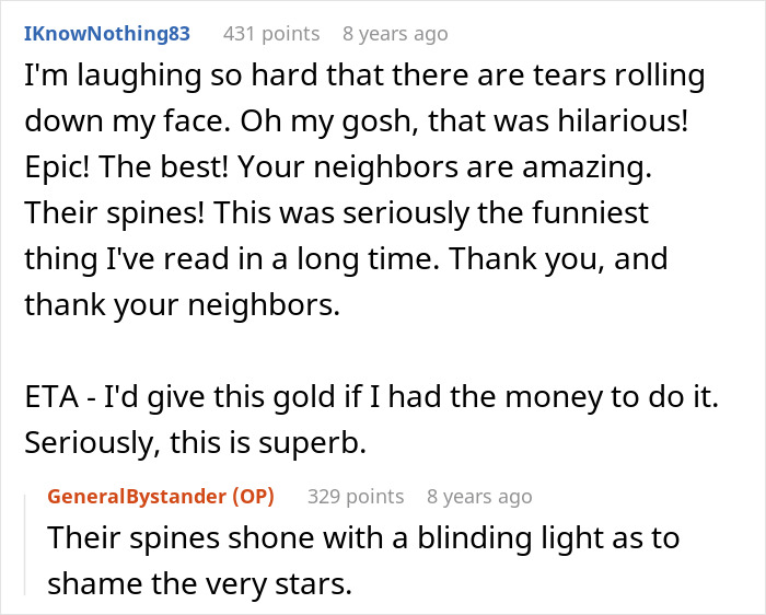 Comment thread showing laughter and praise for neighbors' spines in story about MIL using emergency key unannounced.