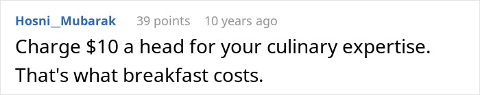 A Reddit comment by "Hosni_Mubarak" suggesting charging $10 per person for breakfast to wife and husband colleagues.