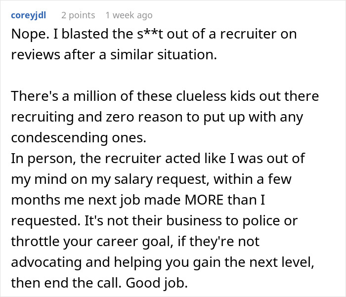 A Reddit comment on job candidate experiences, discussing salary requests and poor recruiter behavior, highlighting the speechless reaction during job interviews.