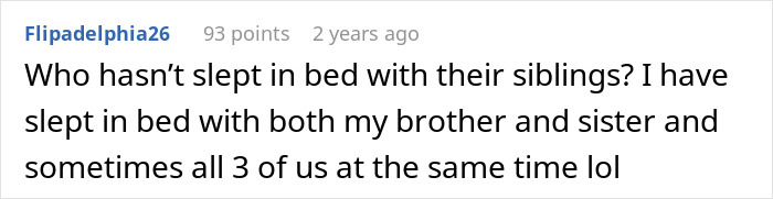 A Reddit comment about a sister letting her scared brother sleep in her bed, with the user asking, "Who hasn't slept in bed with their siblings?"