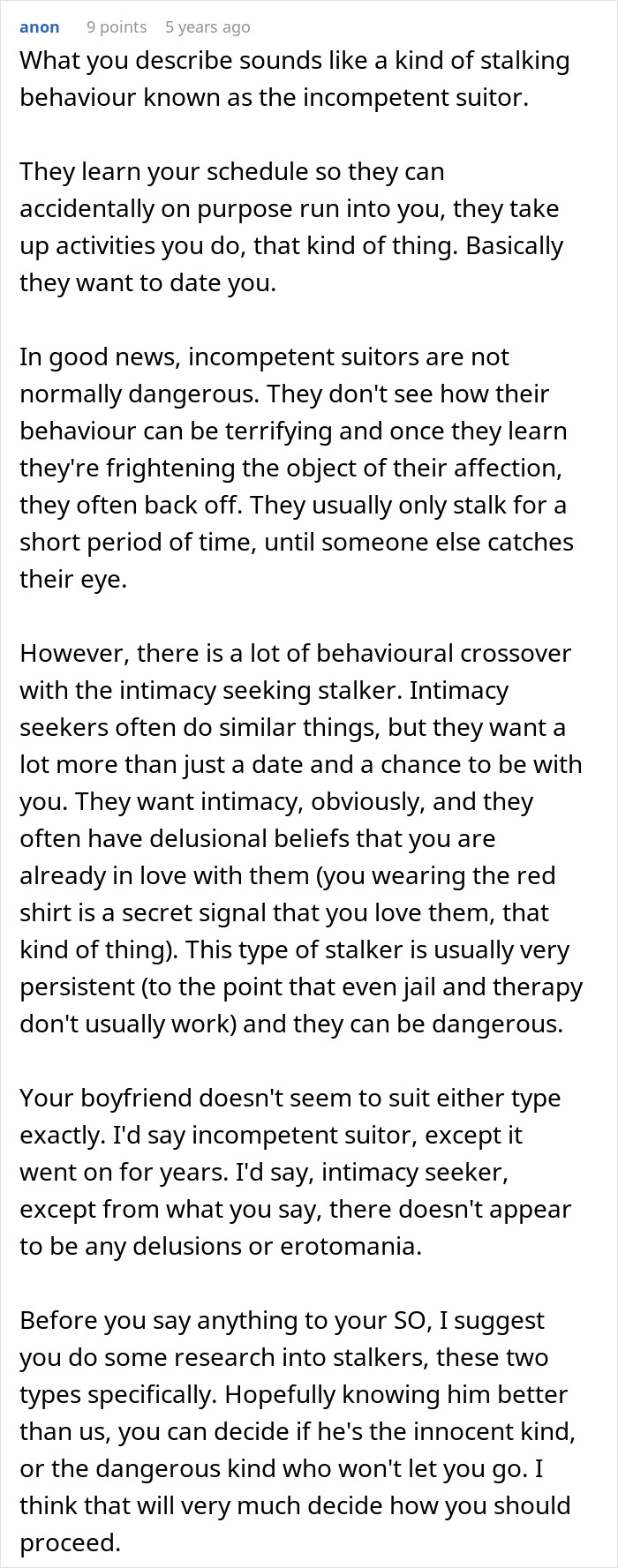 Comment explaining types of stalking behavior and how a man&rsquo;s creepy confession raises relationship concerns.