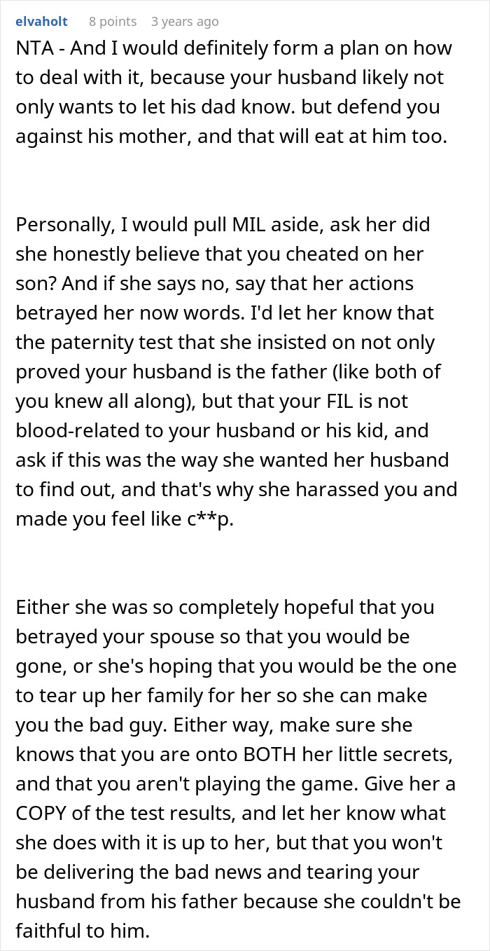 A reddit comment offering advice on how to handle a MIL's dark secret involving a DNA test and infidelity.
