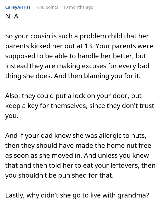 Screenshot of a Reddit post about a problem cousin's lies and theft pushing a teen out of her parents' house.