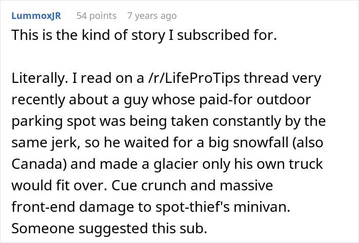 User comment on Reddit describing a man&rsquo;s revenge on a parking spot thief by using snow and causing vehicle damage.